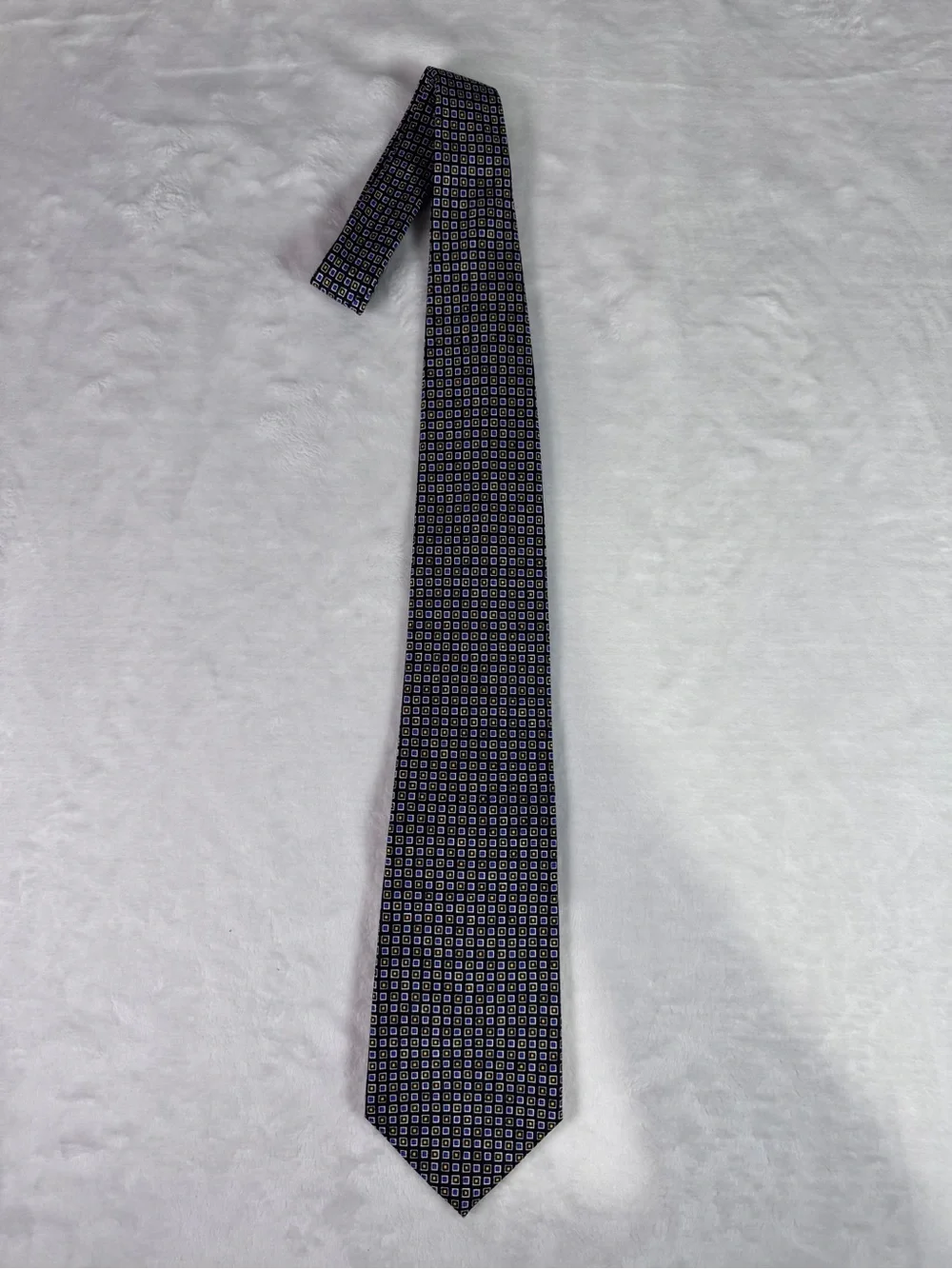 Polo Ralph Lauren Handmade Silk Necktie Blue Geometric Square Pattern Tie